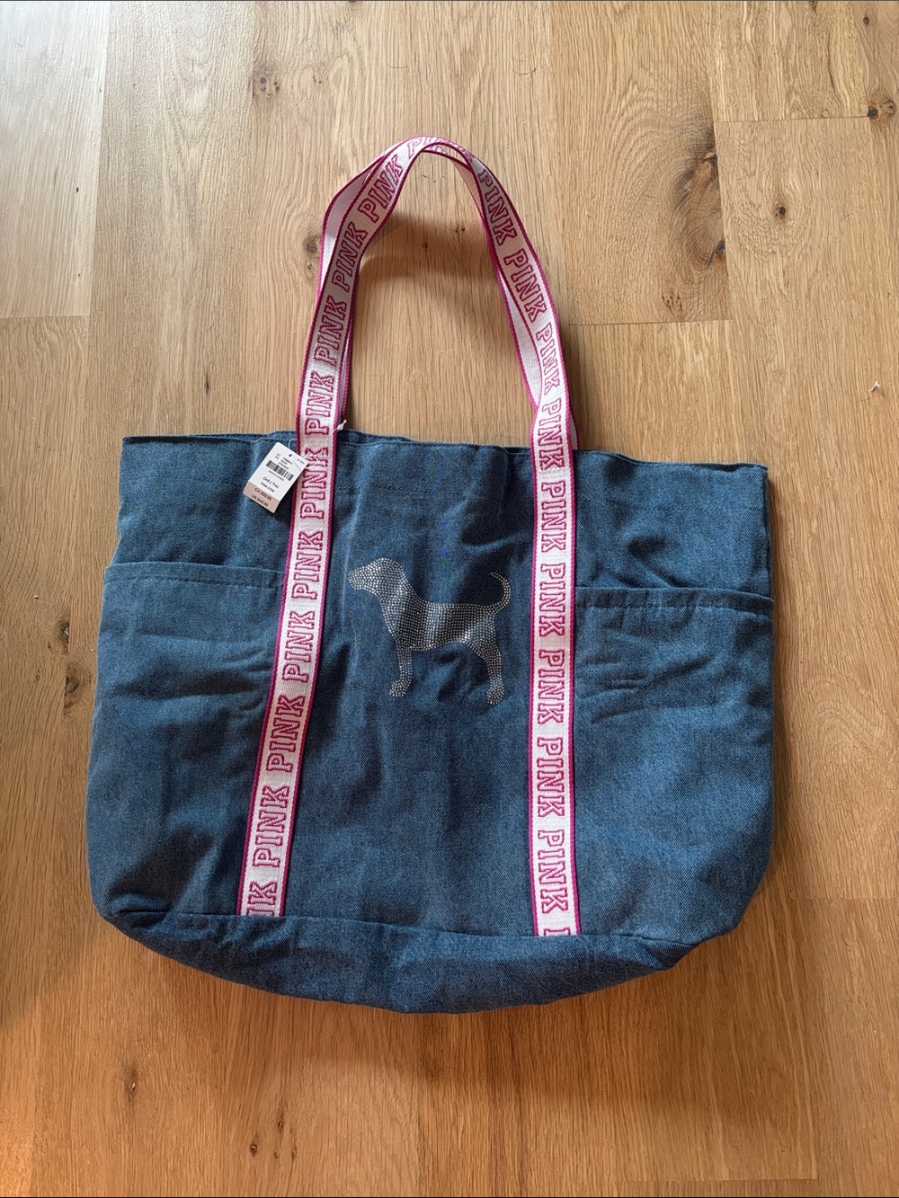 PINK Victoria's Secret Navy Canvas Tote with Pink Logo Straps and Rhinestone Dog